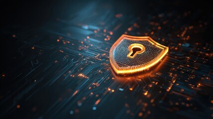 Digital Security Shield Icon with Glow on Futuristic Circuit Background for Cybersecurity Concepts