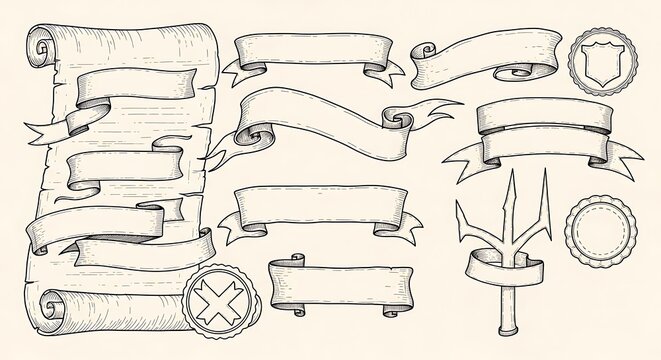 Vintage-style scroll and banner set in a collection of decorative elements, showcasing ornate design details and aged textures.