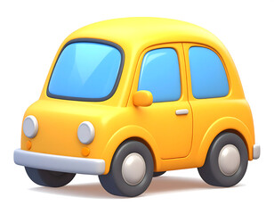 Isolated yellow 3D car icon on a white background, cute yellow car art clip, flat and simple car illustration for infographic design, car shape concept for children's learning