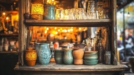 Rustic shelf display of vintage pottery and glassware