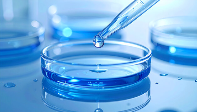 Science Lab Precision: A detailed shot captures a close-up of a laboratory, showing a scientist precisely extracting a solution with a pipette into a petri dish.