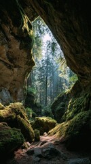 Obraz premium Sunlight illuminating forest cave