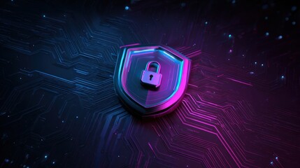 Digital Security Shield with Padlock on Blue and Pink Background for Cyber Protection Concepts