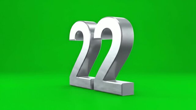 Animated 3D Number 22 Rendered in Silver on Green Screen Background for Visual Effects and Motion Graphics Composition or Birthday Anniversary