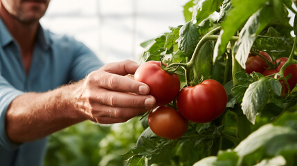 Male gardener harvesting ripe red tomatoes from lush green plants in a greenhouse, showcasing the beauty of organic farming and sustainable agriculture practices
