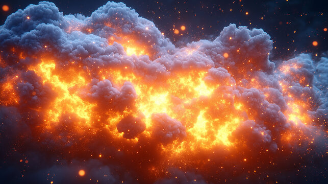 A brilliant cosmic cloud bursts with fiery orange energy and sparkling dust, creating a dynamic abstract celestial display. - Powered by Adobe