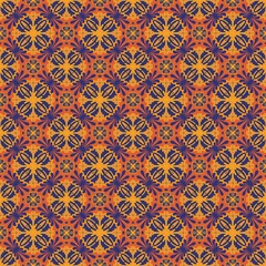 seamless vintage wallpaper,purple, orange curves,painted create to flower shape,leaves with background in geometric patterns as sarong,fabric,tile,printed fabric,batik,tablecloth patterns.