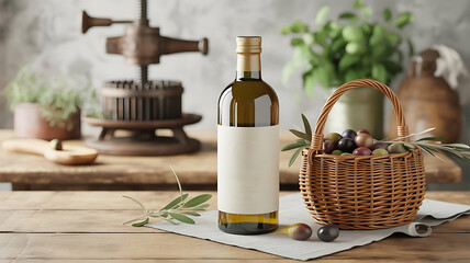 Olive oil bottle basket olives rustic press image