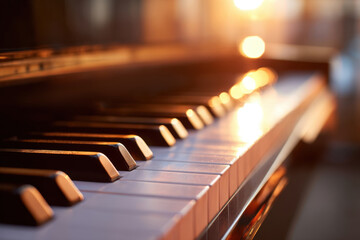 Close-up of piano keys in warm light