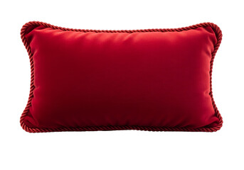 Luxurious red velvet decorative pillow with a cord trim, presented against a pure black background.