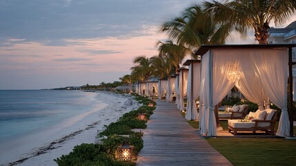 Fototapeta premium Luxury Beachfront Cabana Boardwalk at Sunset