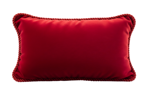 Luxurious red velvet decorative pillow with a cord trim, presented against a pure black background.