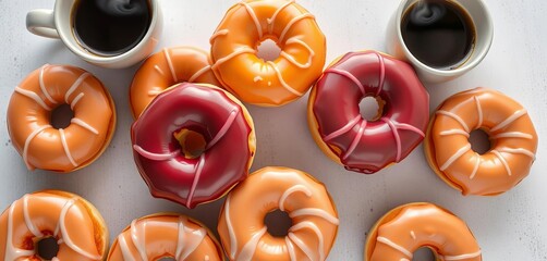 Glazed donuts arranged with steaming coffee cups, bakery, cafe