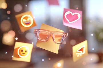 Floating sticky notes displaying emojis and glasses in a creative workspace environment