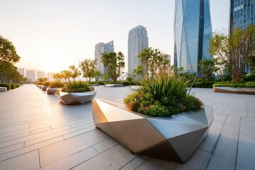 Fototapeta premium Modern urban landscape with geometric planters at sunset