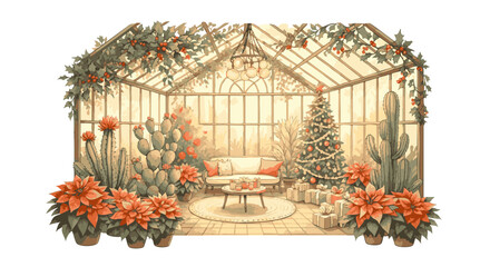 A cozy Christmas celebration scene inside a festive botanical greenhouse with a decorated tree, poinsettias, and cacti. Holiday interior illustration