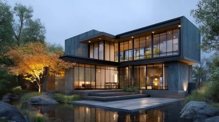Fototapeta premium Contemporary two story house with wooden framework and glass windows reflected in calm water,
