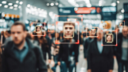 Facial recognition technology overlays on people in a crowded public space