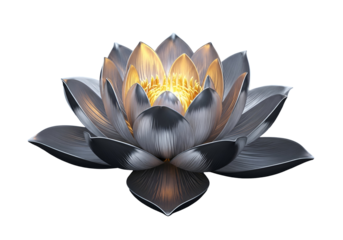 A detailed, metallic lotus flower with a luminous, golden center against a black backdrop.
