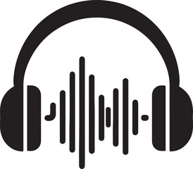 Black silhouette of headphones with a sound wave equalizer graphic in the center representing audio
