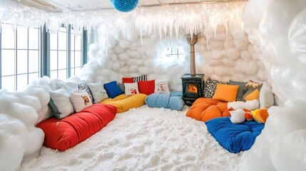 Cozy snowy playroom with comfy seating and fireplace