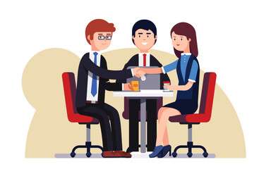 Illustration concept of concluding a contract, business negotiations, insurance. Two male businessmen shake hands, make a deal, sign a contract, an insurance policy. Clipboard with agreement, contract