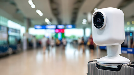 A white security camera mounted on a suitcase in a busy airport terminal