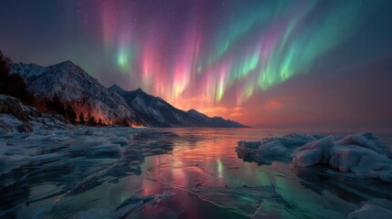 Naklejka premium A serene frozen lake under a vibrant aurora borealis, icy surface reflecting colorful lights,
