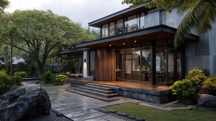 Fototapeta premium A modern house featuring a wooden deck and expansive windows nestled amidst vibrant lush greenery,