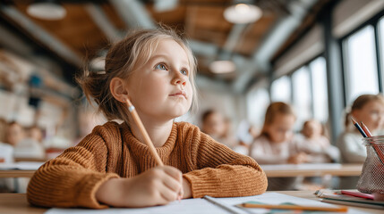 Boy in brown sweater sitting at desk with thoughtful gaze while writing notes in class, showing focus, creativity, and reflective learning moment in childhood.