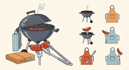 Illustration of barbecue grill and accessories, featuring various grill designs and cooking equipment for outdoor cooking and summer gatherings