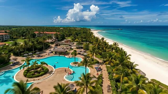 Aerial View of Resort Pool and Beach in Tropical Caribbean, Vacation Destination