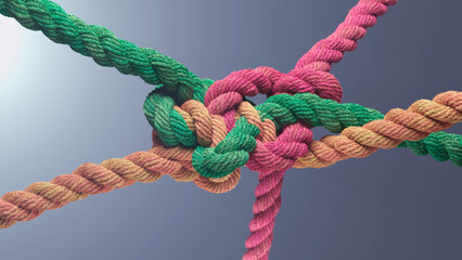 Colorful Ropes Intertwined in a Complex Knot of Green, Pink, and Orange Strings