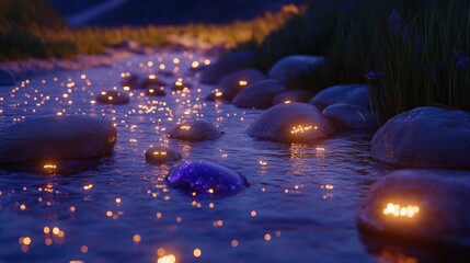Glowing stream at night,  peaceful scene.  Rocks and sparkling water