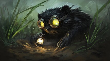 Dark creature with goggles and lantern, nestled in the ground. Lush overgrown environment