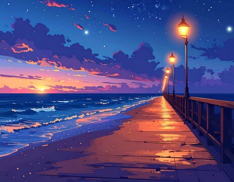A serene, stylized sunset pier scene