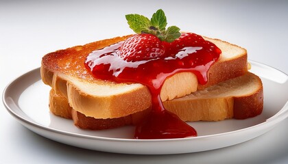 delicious toasted bread with strawberry jam oozing out served on a white plate perfect for a sweet breakfast or snack