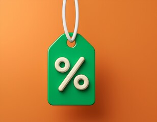 discount tag icon in 3d style for shopping and retail use showing percentage symbol in green on orange background with white ring for hanging and sale promotion concept