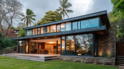 Modern minimalist house with large floor-to-ceiling windows, spacious wooden deck, stone accents,