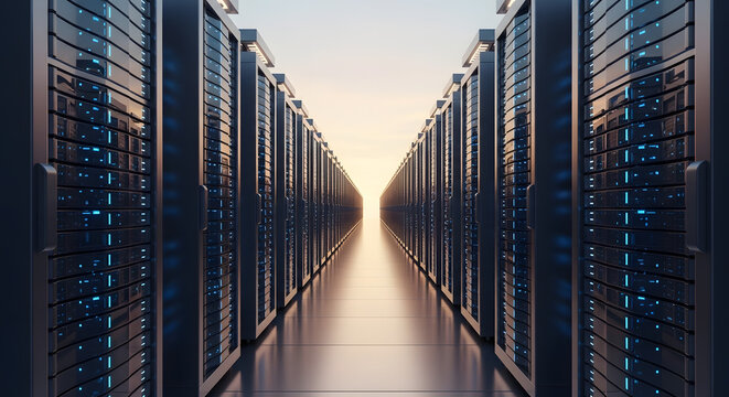 Data center server room hosting digital information processing technology