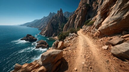 Fototapeta premium A breathtaking coastal landscape with a winding dirt path along rugged cliffs overlooking turquoise waters,