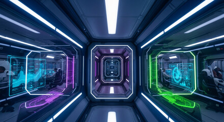 A futuristic interior showcases a vibrant, neon-lit corridor with digital displays and glowing accents, creating an immersive environment that suggests advanced technology and modern design.