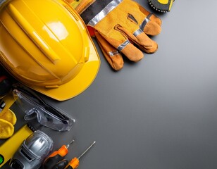 occupational safety and health work safety items of construction industry on gray background with top view copy space by ai generative