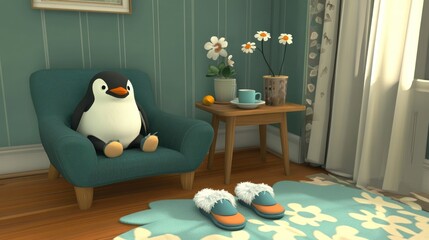 Cozy penguin in a teal armchair, sunny room with flowers