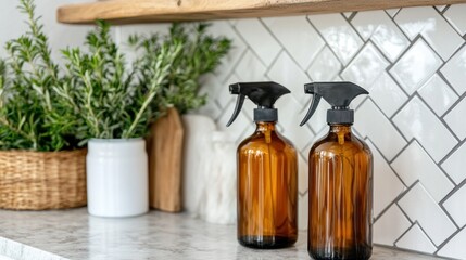 Clean kitchen supplies on shelves