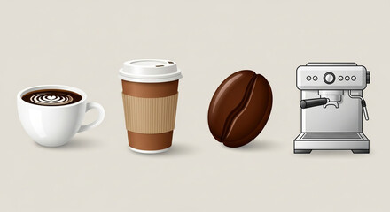 Coffee time a cup of coffee, a takeaway cup, a coffee bean and a coffee machine isolated on white background, perfect for a coffee break