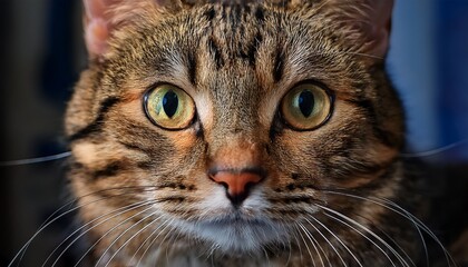 close up of a domestic cat s face a captivating close up captures the intricate details of a tabby cat s face showcasing the striking patterns expressive eyes and soft fur