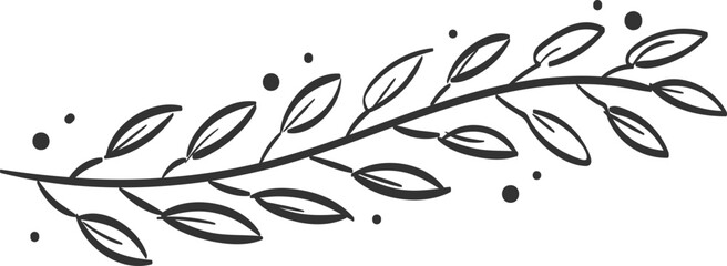 Handdrawn Black Ink Branch with Simple Leaves and Dots.