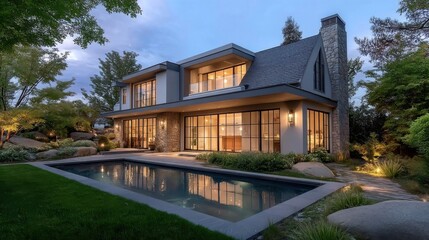 A modern two-story house with large glass windows features stone cladding accents and an elevated swimming pool surround