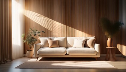 sunlight illuminates elegant cream sofa cushions in a room with warm hues